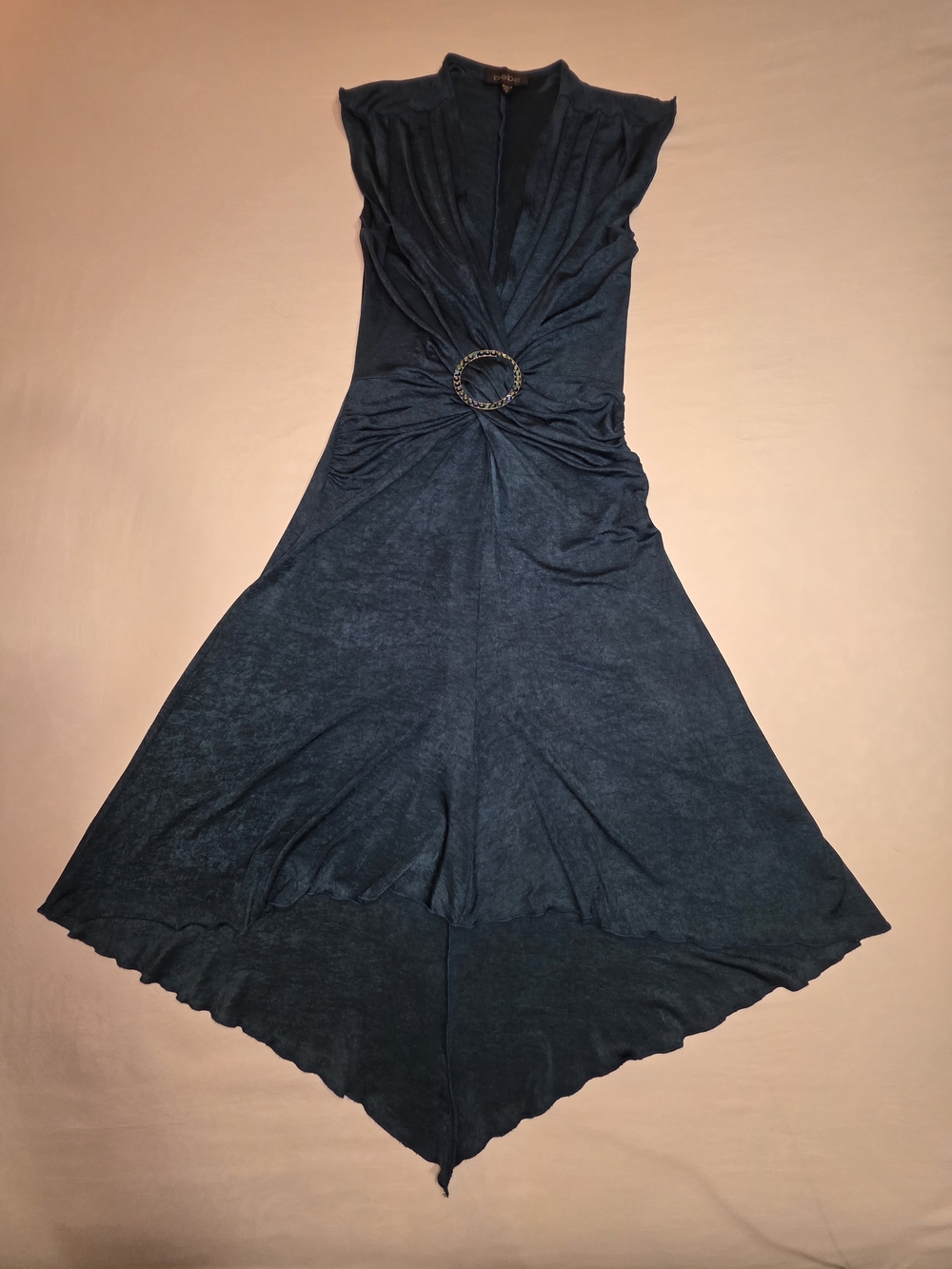 Vintage Bebe Y2K Dress M Blue Teal Rhinestone Ring Ruched High Low Made USA